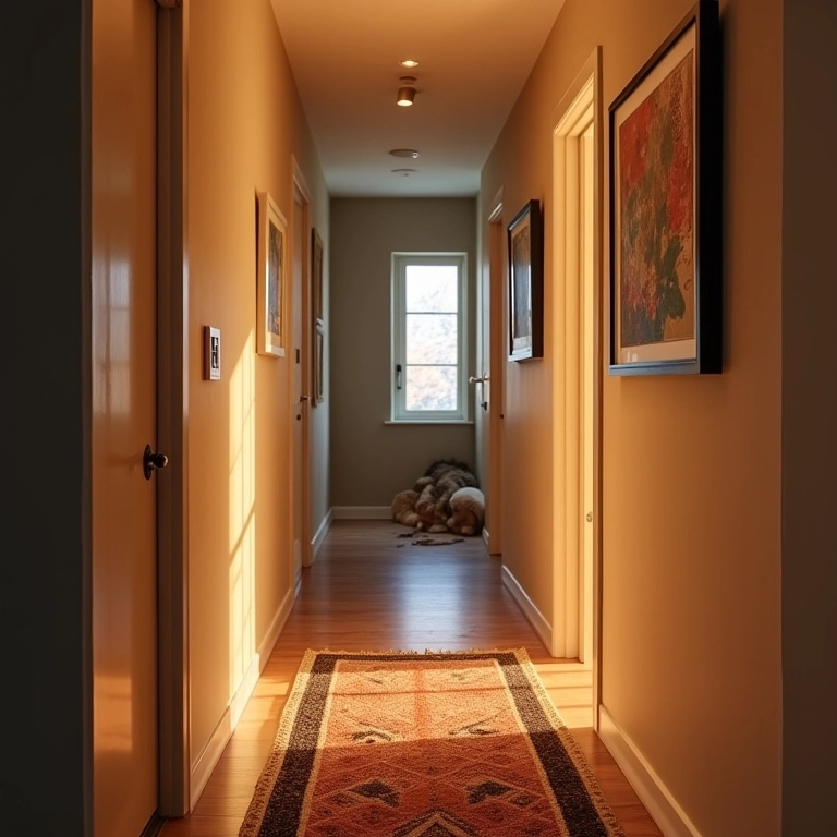 Criando uma atmosfera aconchegante em um corredor estreito com iluminação e texturas.