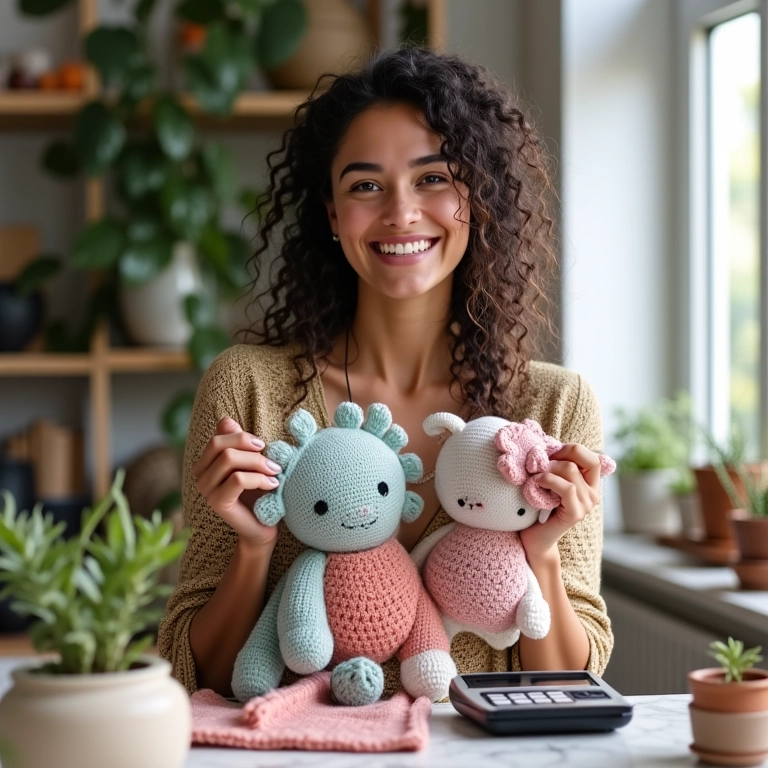 Crocheteira sorrindo com o sucesso financeiro do seu negócio de crochê.