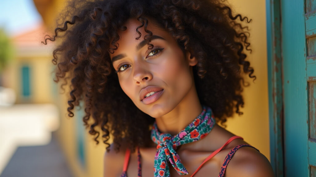Curly haired woman with colorful patterned scarf tied around her head, natural light, professional Mulher cacheada com lenço estampado amarrado na cabeça.