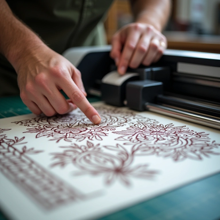 Cutting plotter precisely cutting intricate paper designs, artisan hands, 8K quality, sharp focus, Plotter de recorte cortando desenhos de papel intrincados.