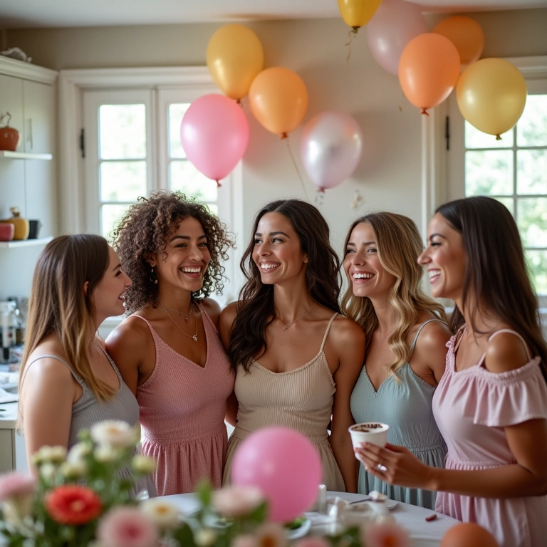 Decoração alegre e colorida para um chá de cozinha, com amigas celebrando.