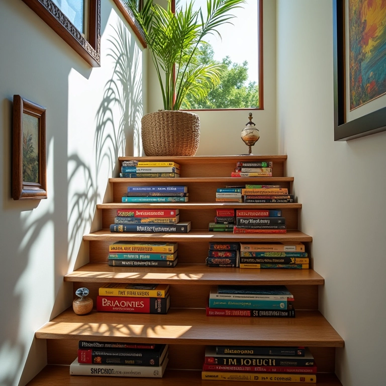 Decoração com livros em escadas internas de uma casa.