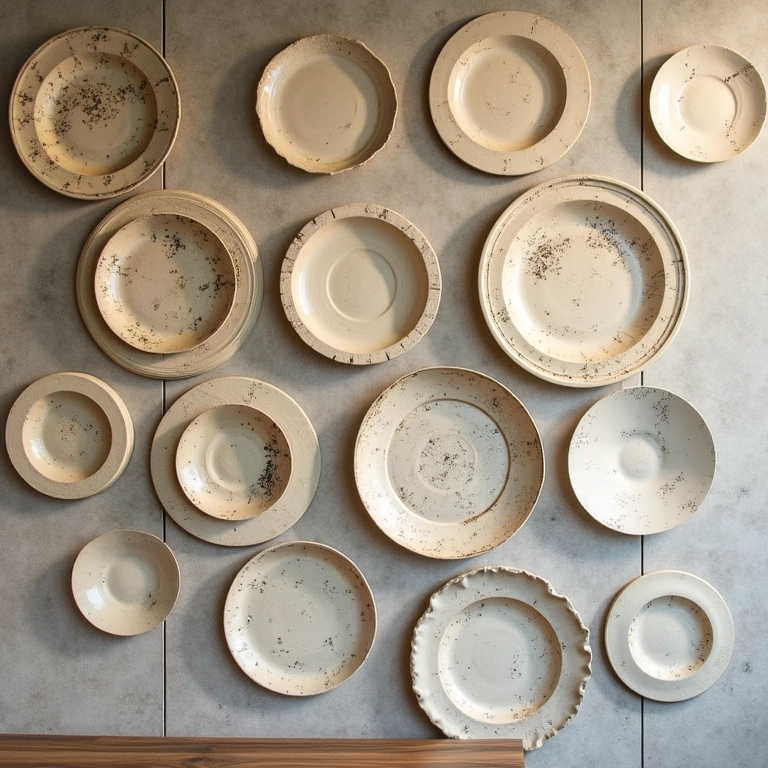 Decoração com pratos na parede com diferentes espaçamentos.