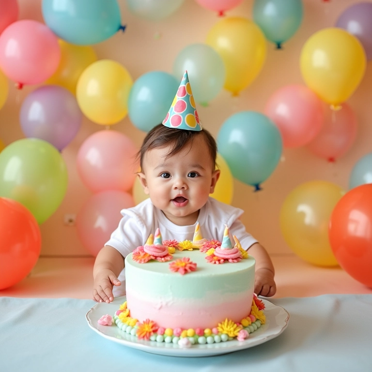 Decoração de batizado com balões coloridos, transmitindo alegria e movimento.