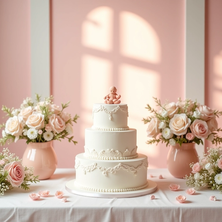 Decoração de batizado delicada com cores pastel e arranjos florais.