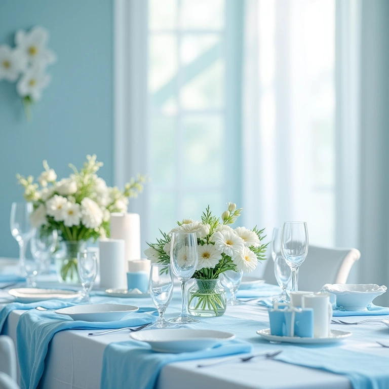 Decoração de batizado masculina em tons de azul e branco, com detalhes florais.