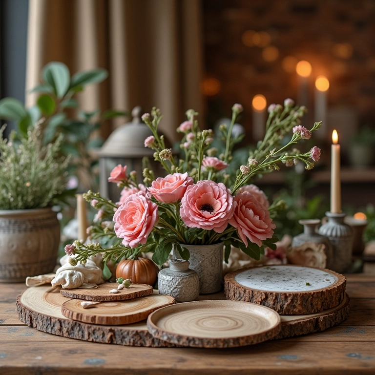 Decoração de casamento rústico DIY com elementos feitos à mão.