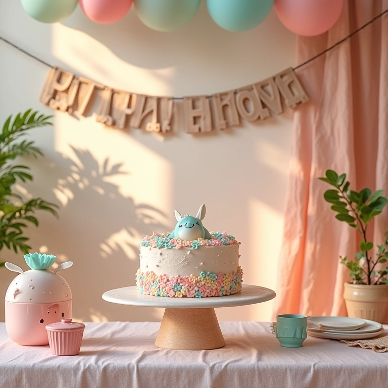 Decoração de chá de bebê com detalhes artesanais e cores suaves.