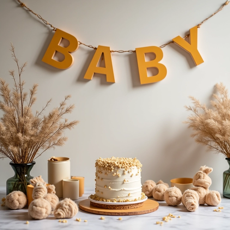 Decoração de chá de bebê DIY com materiais reciclados e arranjos criativos.