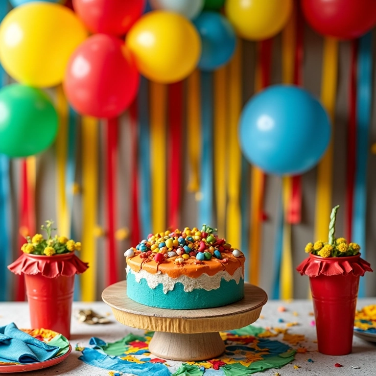 Decoração de chá de cozinha com cores vibrantes e alegres, transmitindo felicidade.