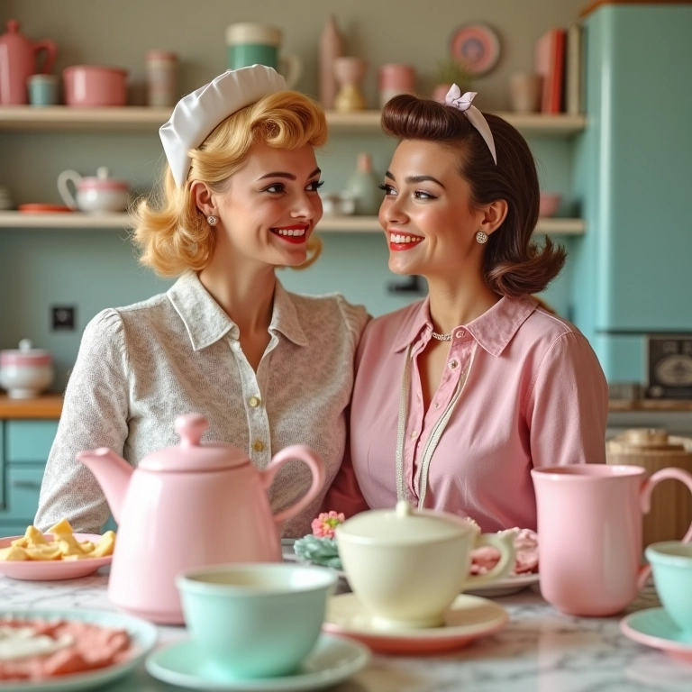 Decoração de chá de cozinha temática anos 50 com cores pastel e utensílios vintage.