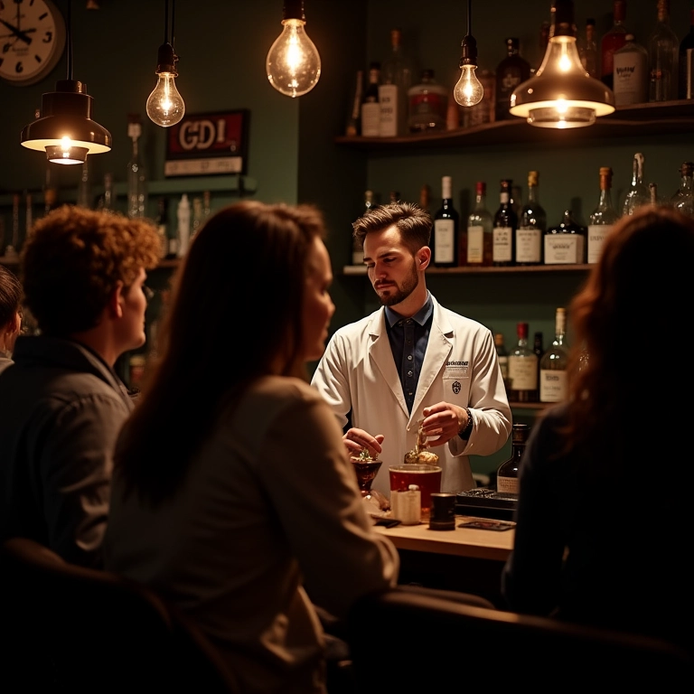 Decoração de farmácia vintage no Apothek Cocktail Bar, Baixo Pinheiros.