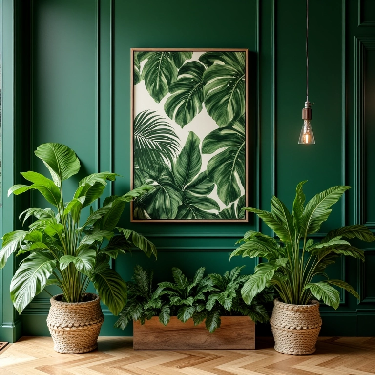 Decoração de Natal exuberante com plantas tropicais e elementos naturais.