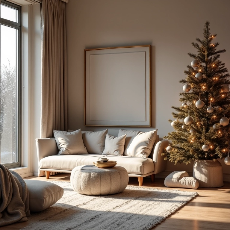 Decoração de Natal minimalista em sala de estar elegante.