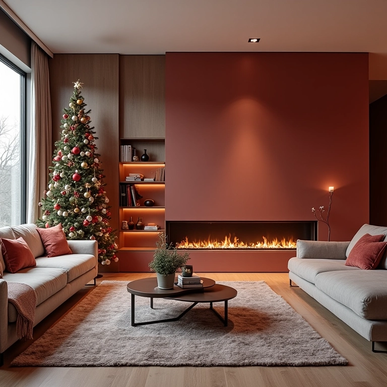 Decoração de Natal moderna em sala de estar com design contemporâneo.