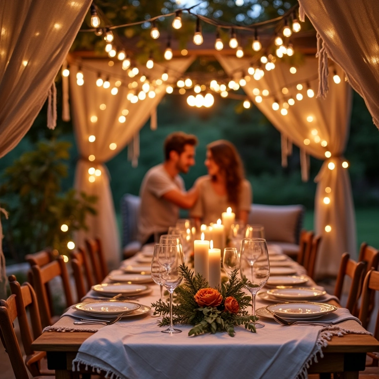 Decoração de noivado em estilo boêmio com luzes e flores.