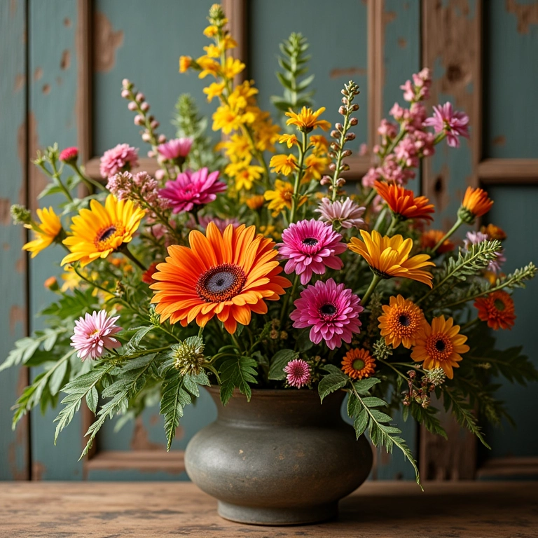 Decoração de São João com flores do campo coloridas em um arranjo vibrante.