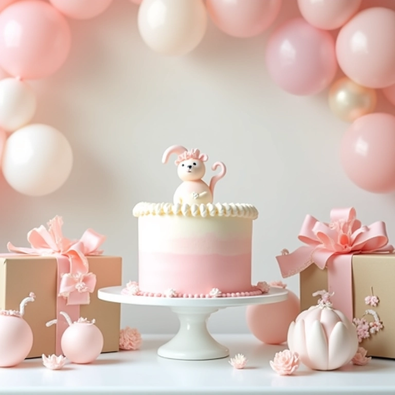 Decoração elegante para chá de bebê com tons pastel e mesa de presentes charmosa.