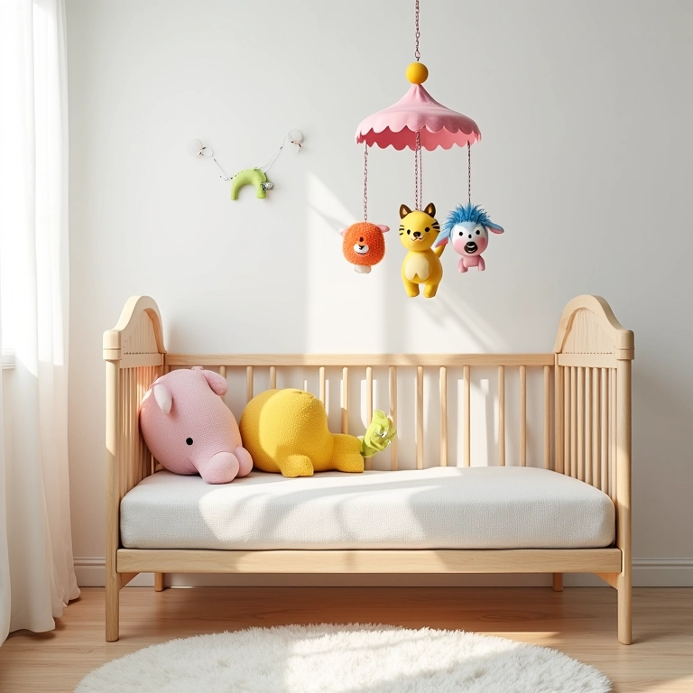 Decoração lúdica e criativa em um quarto de bebê com móbile colorido.