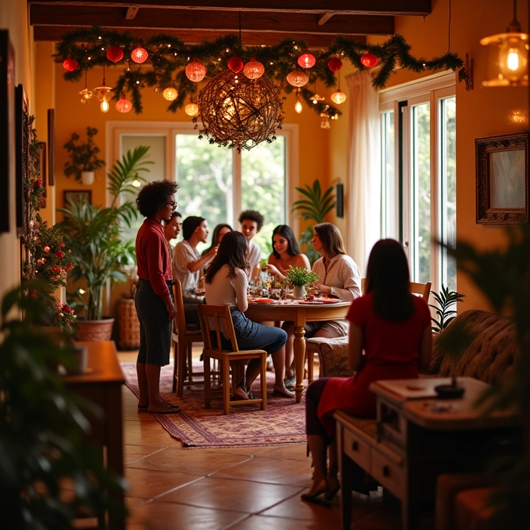 Decoração natalina vibrante em casa brasileira, amigos celebrando.