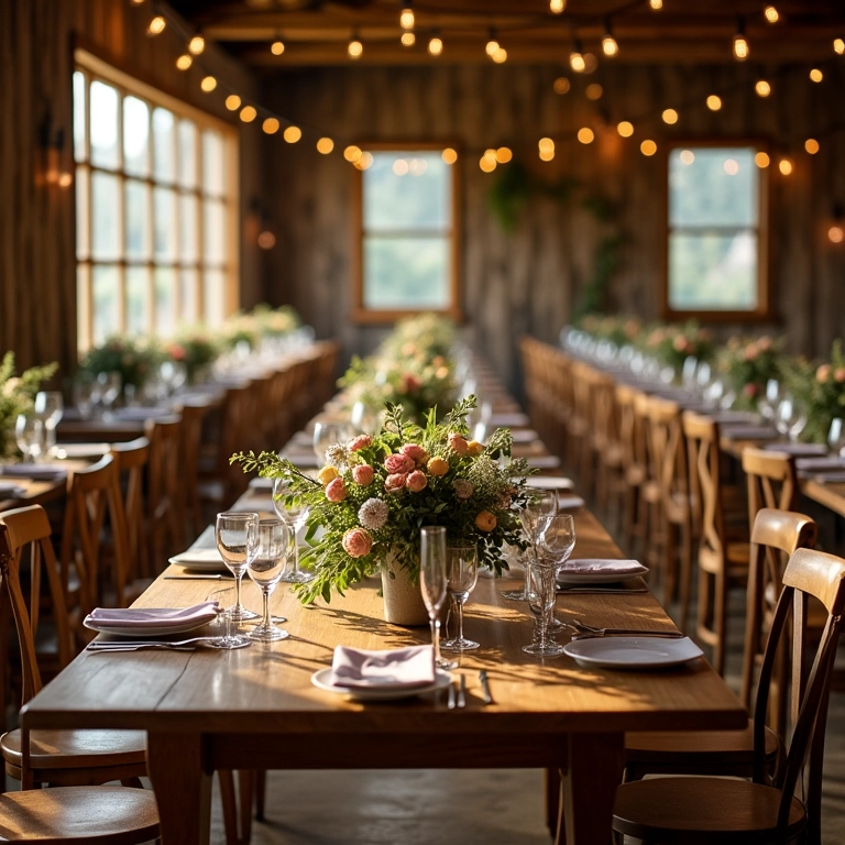 Decoração rústica de casamento com mesas de madeira e arranjos florais.