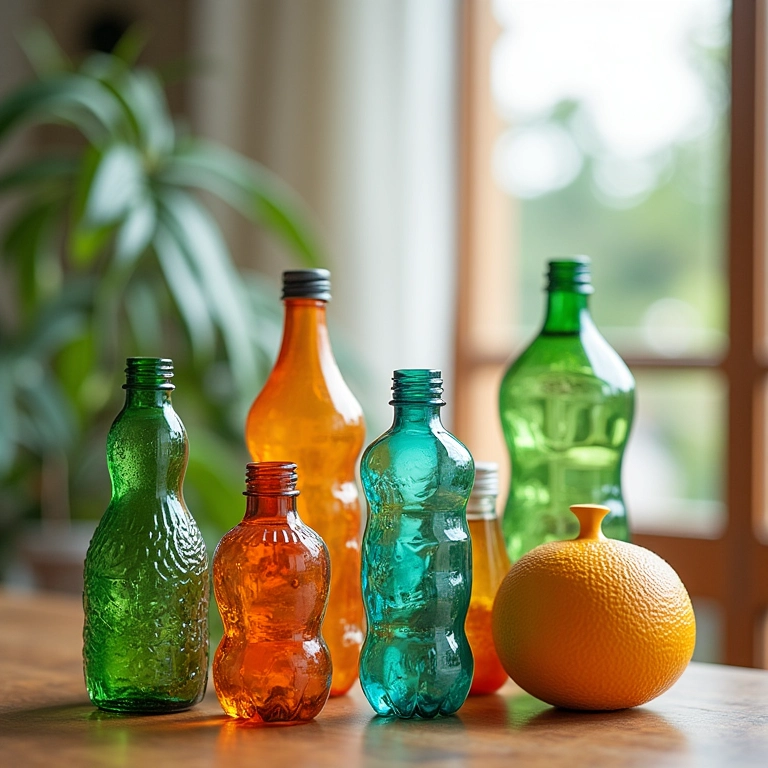 Decoração sustentável com garrafas PET transformadas em objetos de design.
