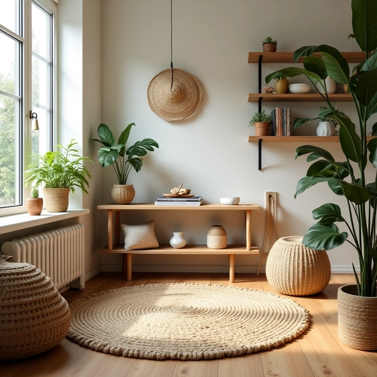 Decoração sustentável com tapete de juta e materiais ecológicos.