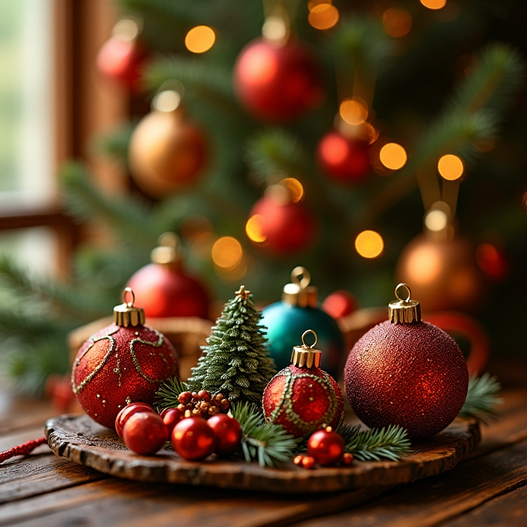 Decorações de Natal em cores vibrantes com enfeites festivos e artesanato brasileiro.