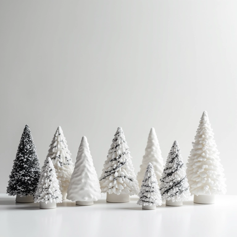 Decorações de Natal em paleta de branco e preto com design minimalista e padrões geométricos.