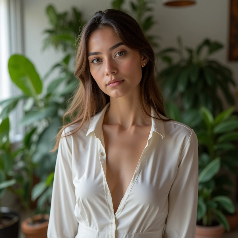 Decote em V alonga o pescoço e a silhueta.