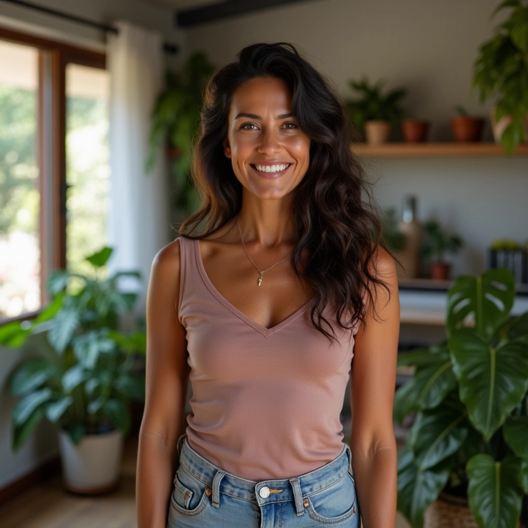 Decote em V valorizando o colo e alongando a silhueta.