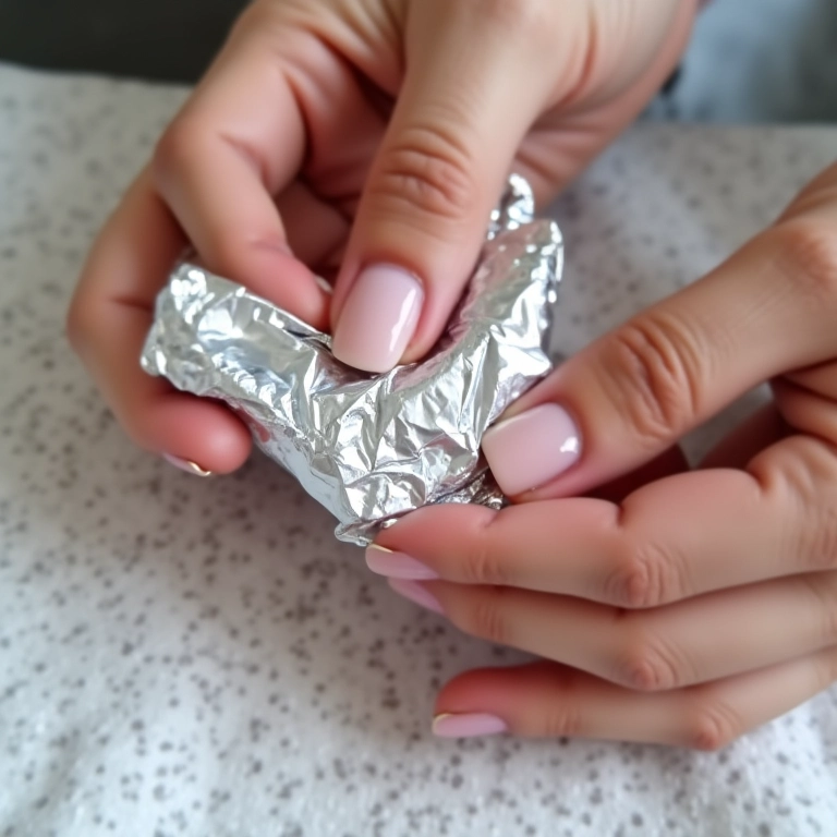 Dedos embrulhando papel alumínio em algodão nas unhas para remoção de gel.