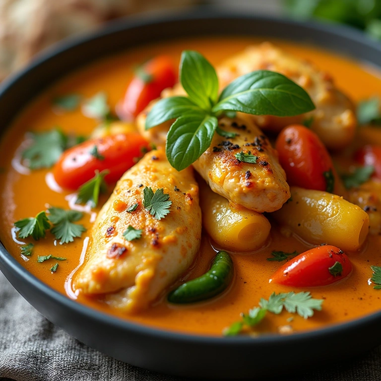 Delicious light chicken curry with colorful vegetables, vibrant spices, professional photography, Frango ao curry light com legumes frescos e especiarias vibrantes.