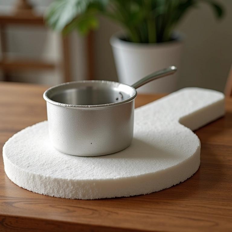 Descanso de panelas personalizado feito com patchwork embutido no isopor em cima de uma mesa de madeira.