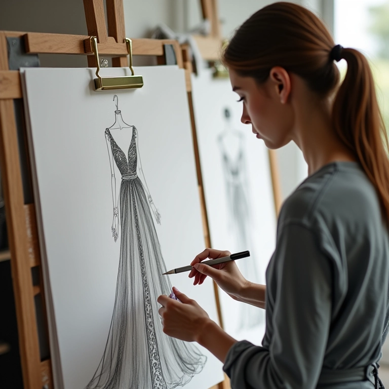 Designer de moda esboçando um vestido em um ateliê.