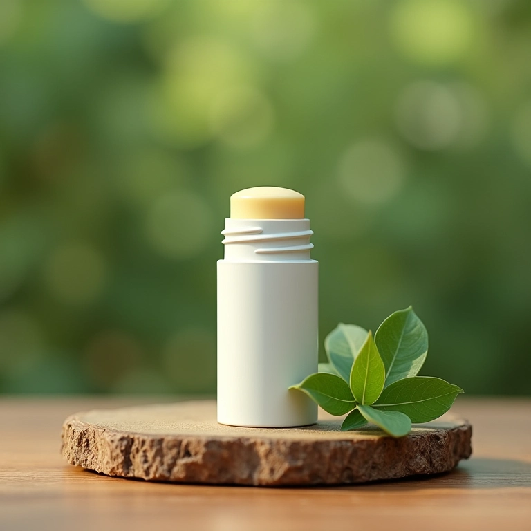 Desodorante natural Herbia em superfície de madeira com folhas verdes.