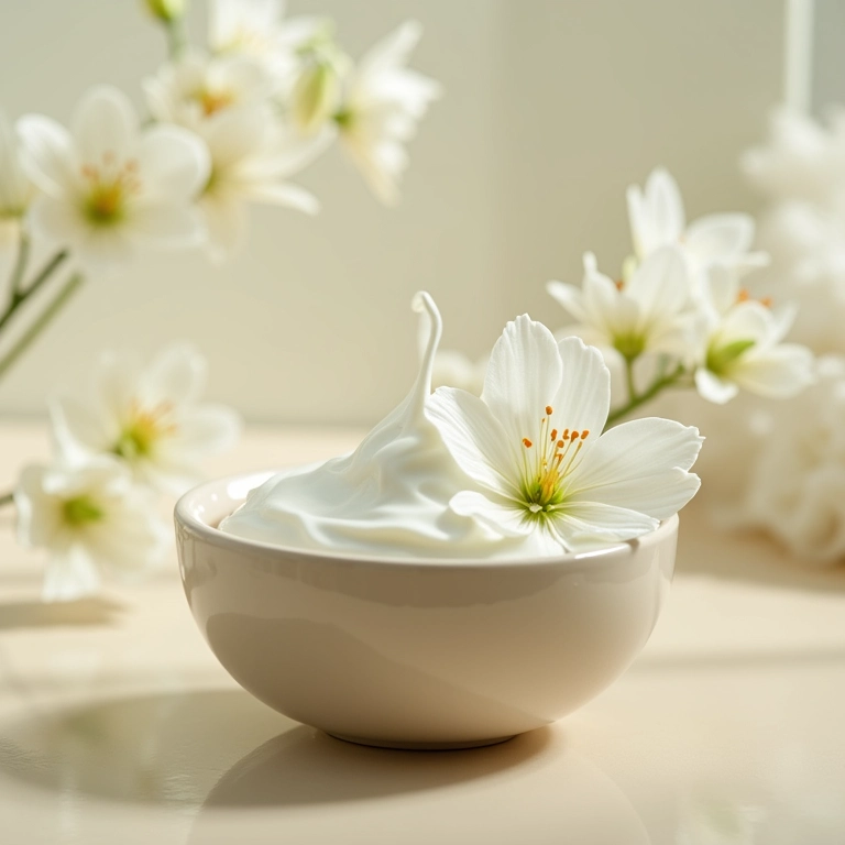 Desodorante natural Simple Organic em tigela de cerâmica com flores brancas.