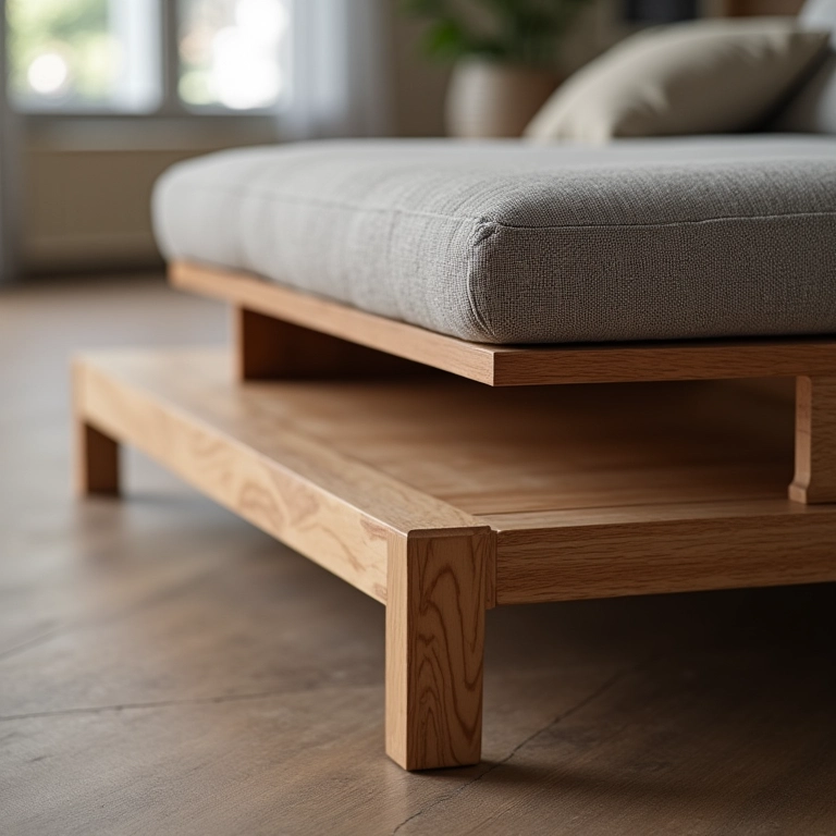 Detalhe da estrutura interna de um sofá de madeira.