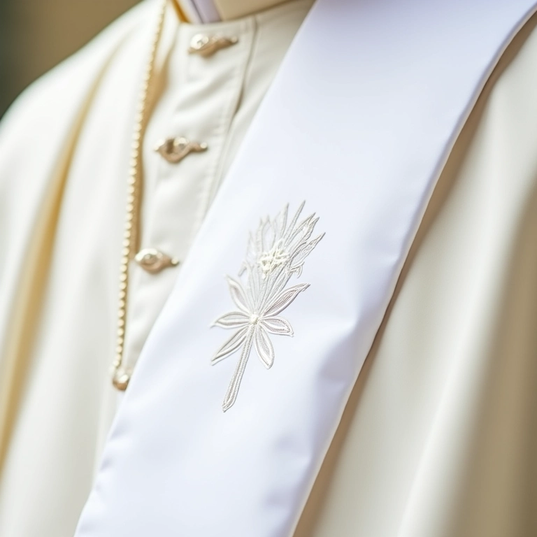 Detalhe da faixa branca papal, sinal de castidade e dedicação.