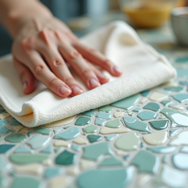 Detalhe da limpeza de um mosaico de casca de ovo com um pano macio.