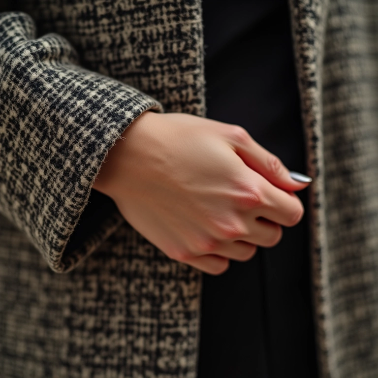Detalhe da mão de uma mulher segurando um casaco de tweed da Chanel.