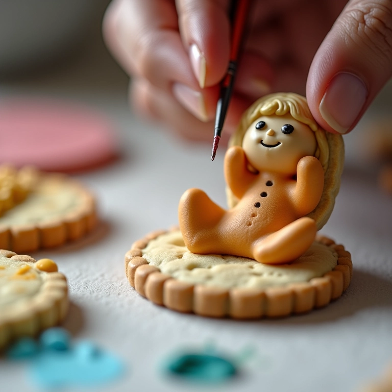 Detalhe da pintura de um topo de bolo em biscuit com paleta de cores.