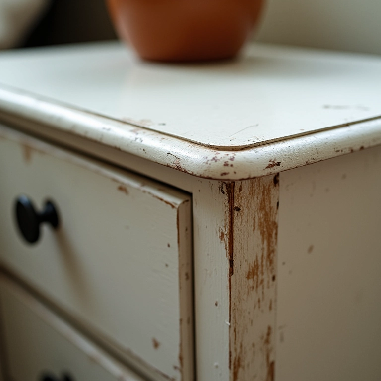 Detalhe da pintura texturizada e vibrante em mesa de cabeceira renovada.