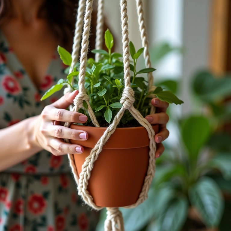 Detalhe das mãos de uma mulher fazendo um suporte de macramê para vasos de plantas em um ambiente boêmio e colorido.