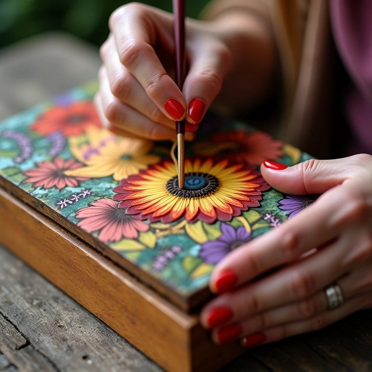 Detalhe das mãos de uma mulher pintando uma caixa de madeira com a técnica Bauernmalerei.