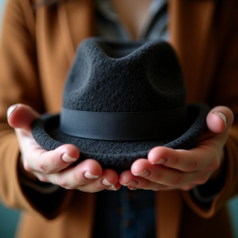Detalhe das mãos de uma mulher segurando um chapéu derby, mostrando a textura e cor do material.