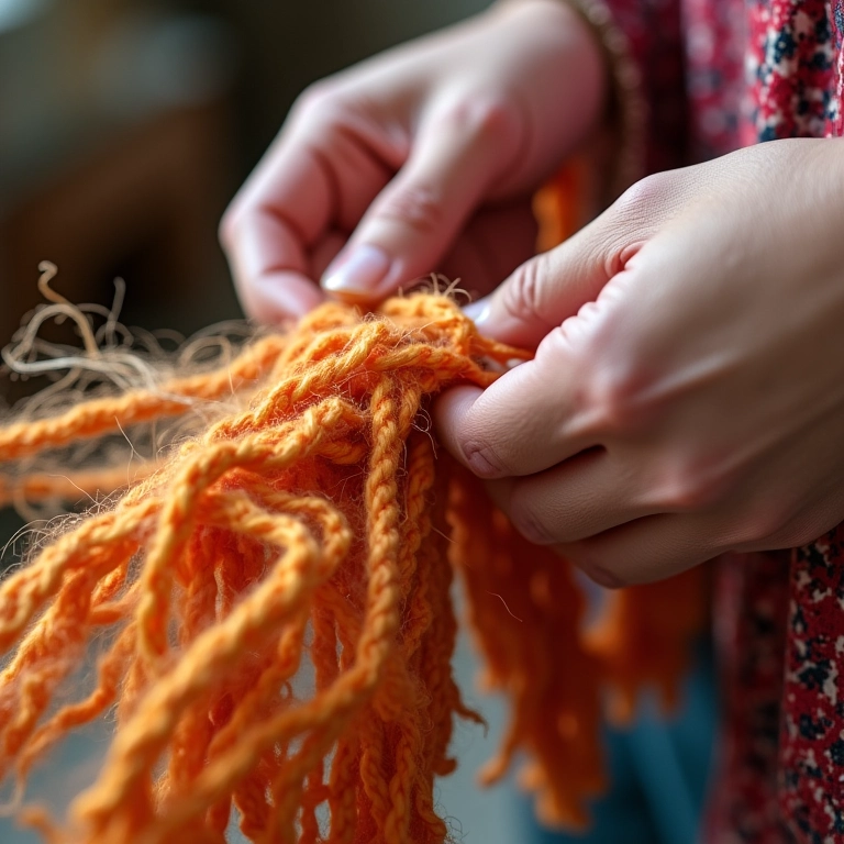 Detalhe das mãos trabalhando crochê peruano com agulha de cabo de vassoura e fios coloridos.