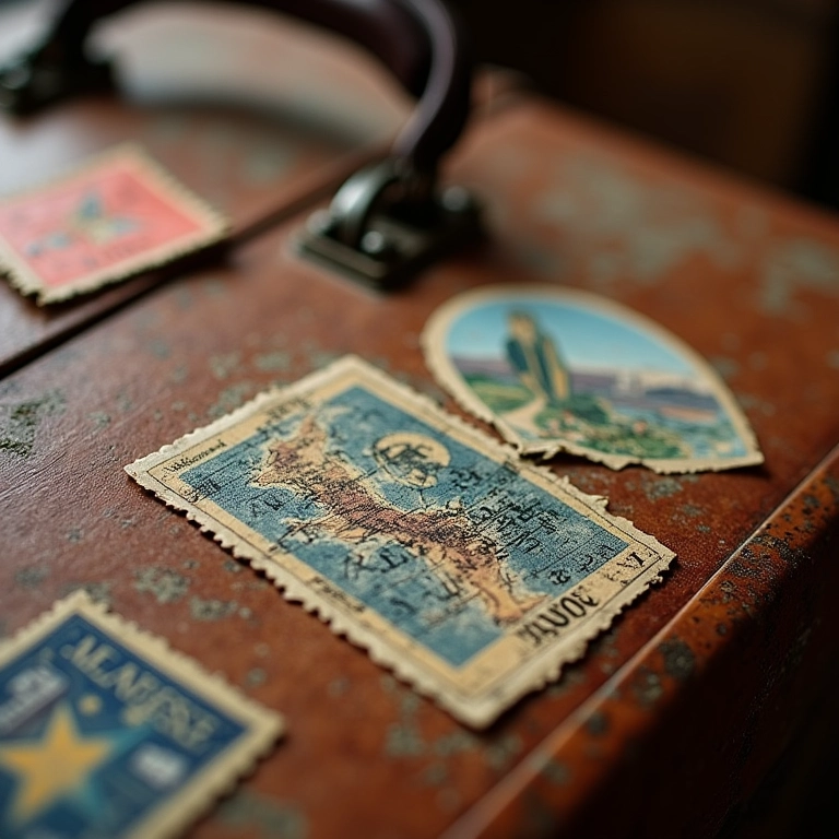 Detalhe de adesivos de viagens em mala antiga.