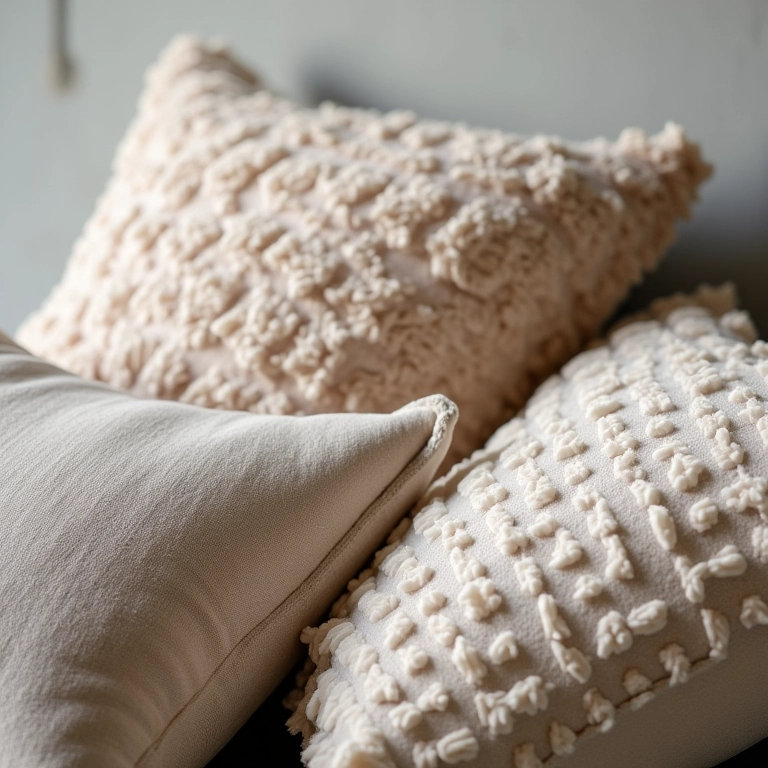 Detalhe de almofadas com texturas e materiais diversos.
