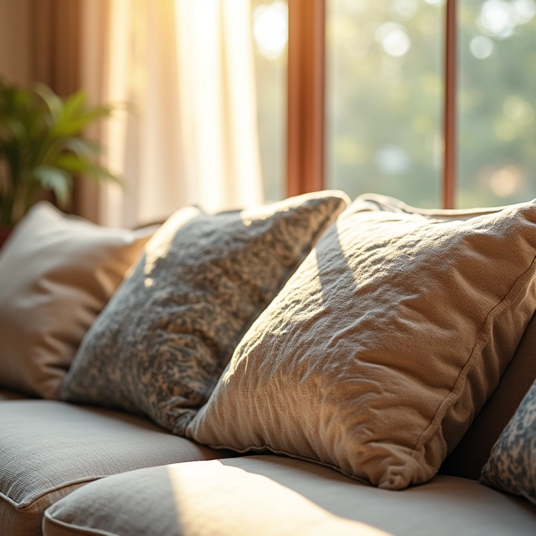 Detalhe de almofadas texturizadas em um sofá com luz solar suave.